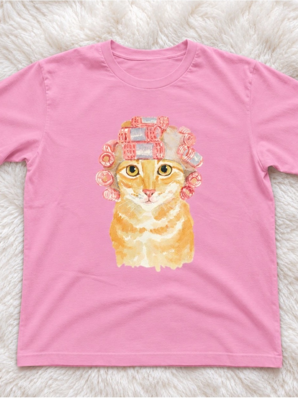 Pink Cat T-Shirt with Curlers Print - Unbranded